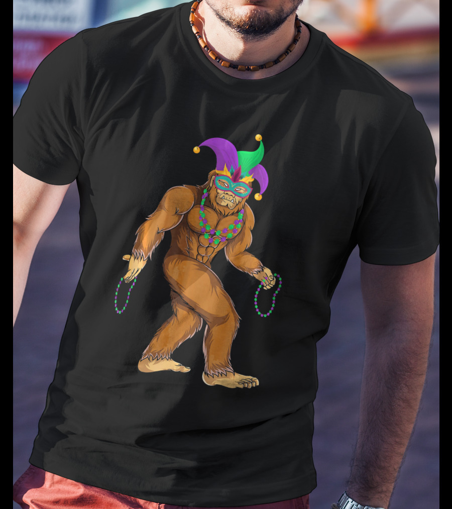 Mardi Gras Bigfoot Wearing Jester Hat Mask And Beads T-Shirt