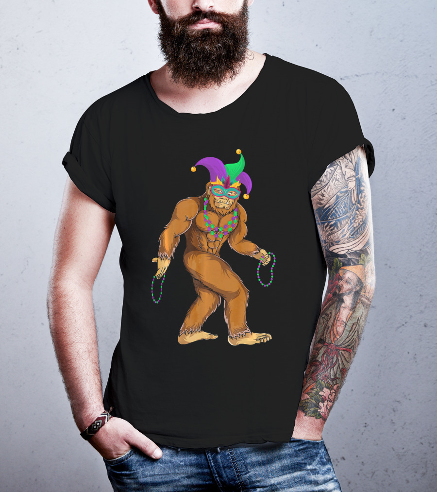 Mardi Gras Bigfoot Wearing Jester Hat Mask And Beads T-Shirt