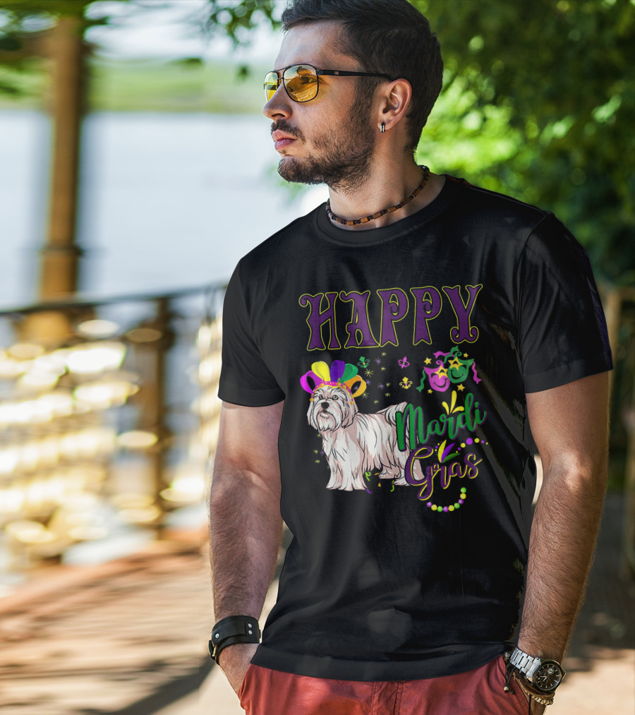 Happy Mardi Gras Maltese With Colorful Masks And Beads T-Shirt