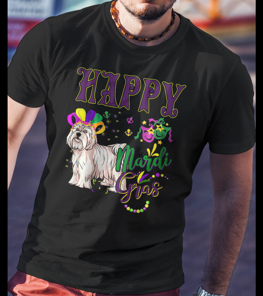 Happy Mardi Gras Maltese With Colorful Masks And Beads T-Shirt