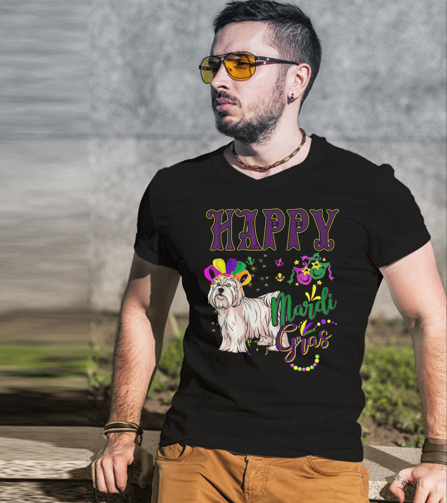 Happy Mardi Gras Maltese With Colorful Masks And Beads T-Shirt