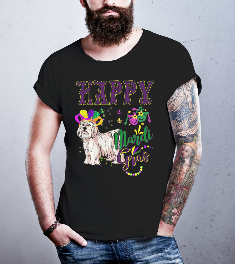 Happy Mardi Gras Maltese With Colorful Masks And Beads T-Shirt