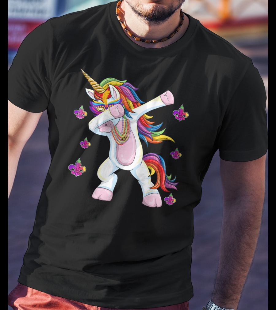 Mardi Gras New Orleans Unicorn Dabbing Fleur-de-Lis Beads T-Shirt