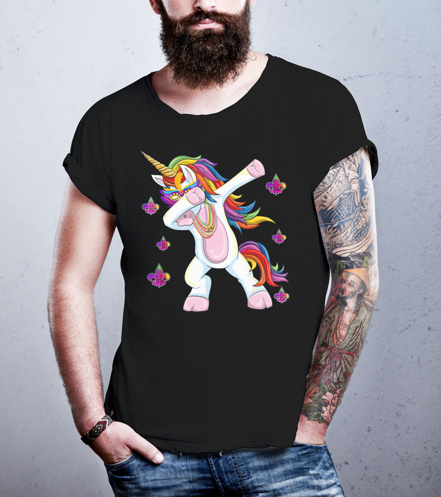 Mardi Gras New Orleans Unicorn Dabbing Fleur-de-Lis Beads T-Shirt
