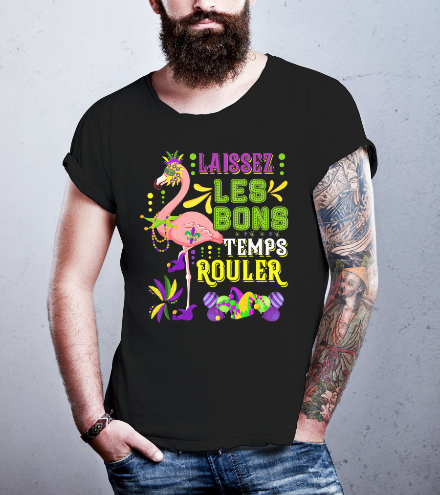 LAISSEZ LES BONS TEMPS ROULER Flamingo Mardi Gras Beads T-Shirt