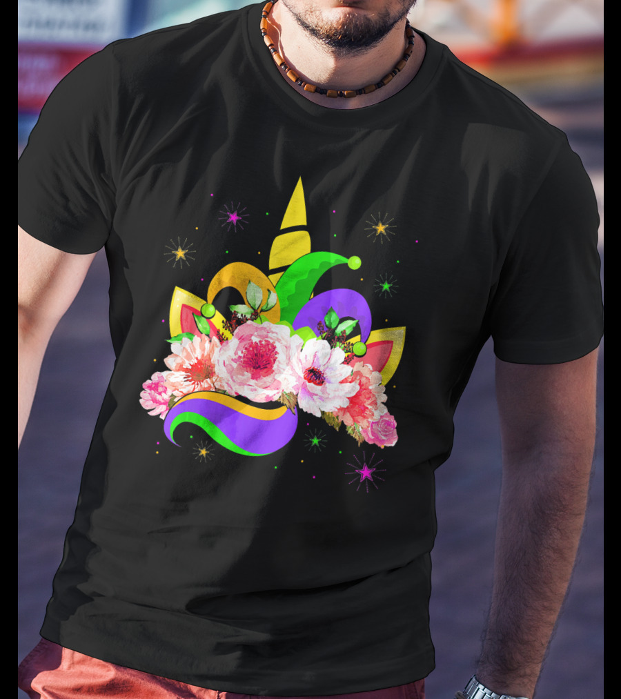 Mardi Gras Unicorn Costume With Mask Bea Floral Headpiece And Colorful Jester Hat T-Shirt