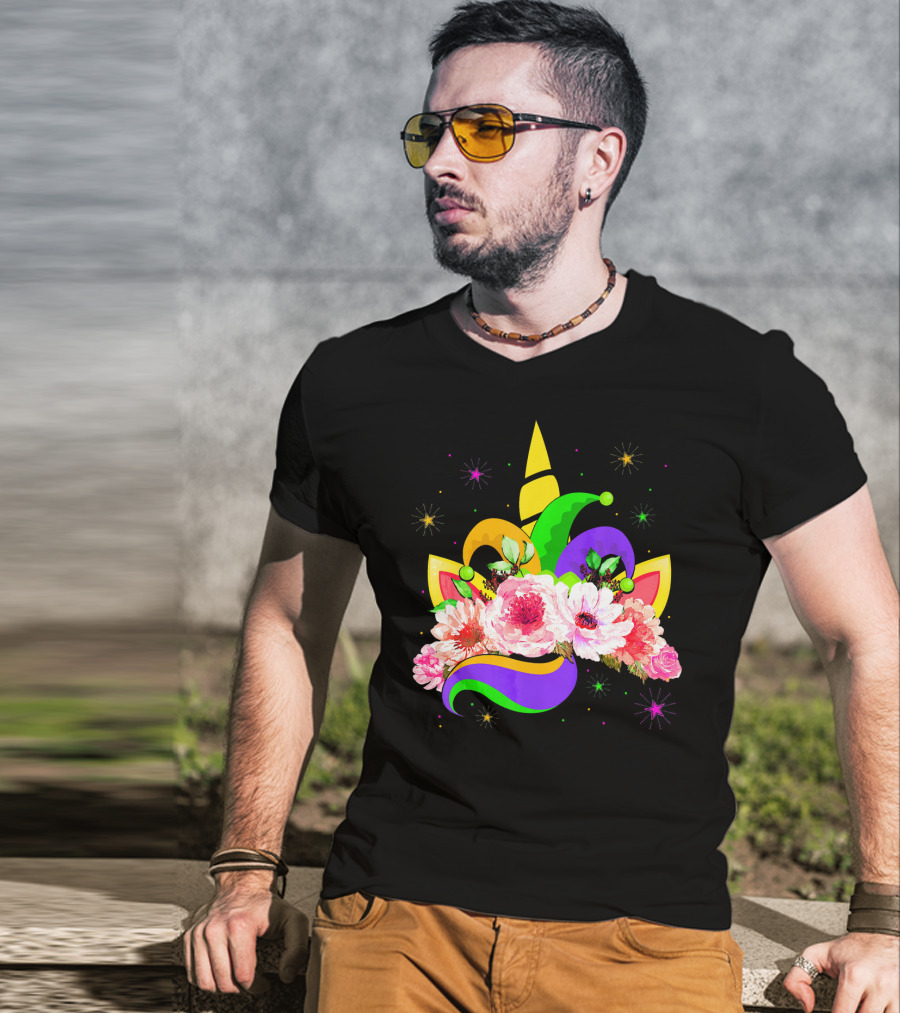 Mardi Gras Unicorn Costume With Mask Bea Floral Headpiece And Colorful Jester Hat T-Shirt
