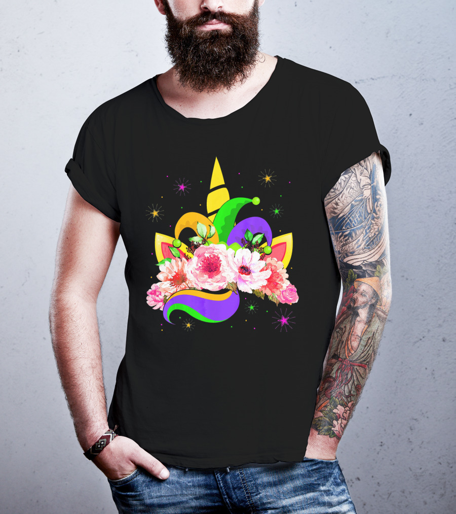 Mardi Gras Unicorn Costume With Mask Bea Floral Headpiece And Colorful Jester Hat T-Shirt