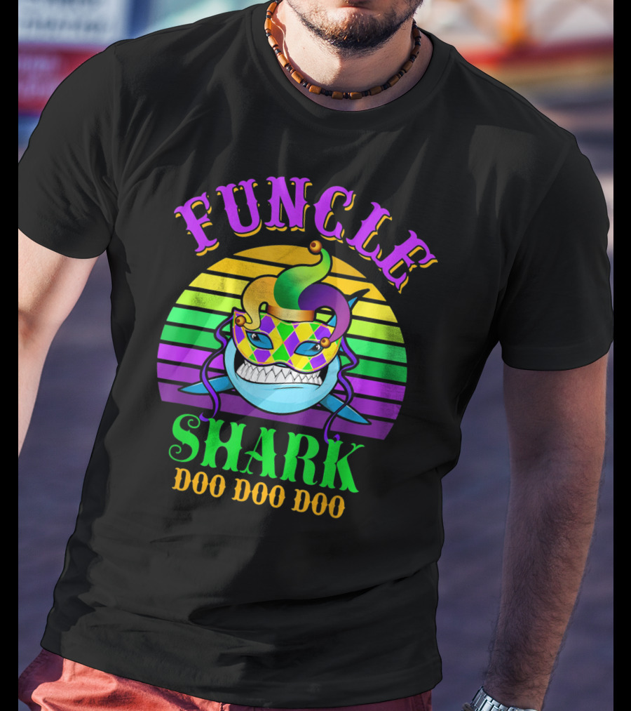 Funcle Shark Doo Doo Doo Mardi Gras Jester Mask T-Shirt