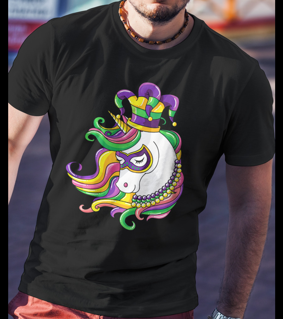 Jester Hat Rainbow Unicorn Mardi Gras Beads T-Shirt