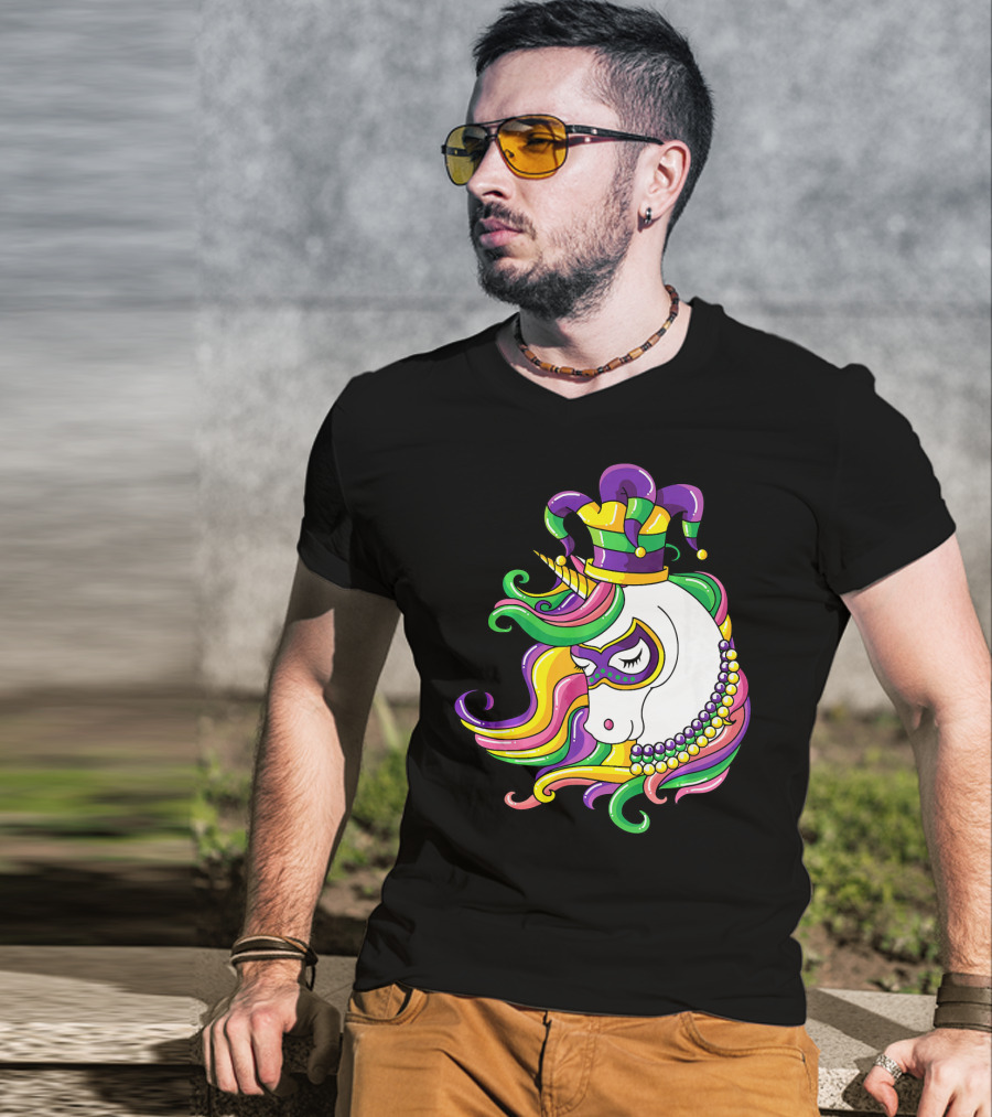 Jester Hat Rainbow Unicorn Mardi Gras Beads T-Shirt