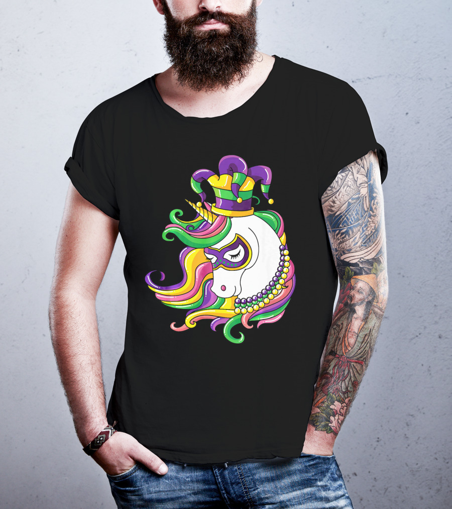 Jester Hat Rainbow Unicorn Mardi Gras Beads T-Shirt