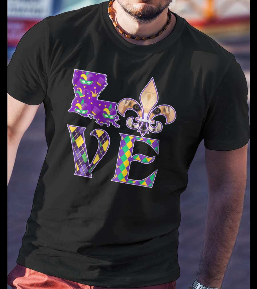 Louisiana Love Mardi Gras Corgi Fleur-de-Lis Mask T-Shirt