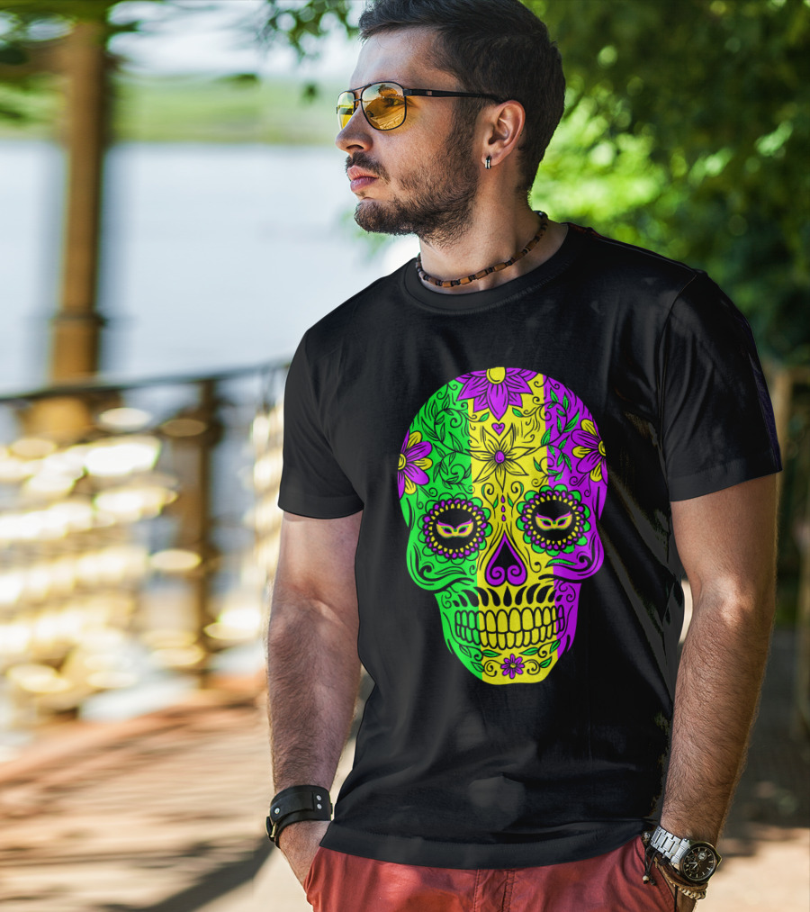 Mardi Gras Sugar Skull With Jester Hat Design And Colorful Floral T-Shirt