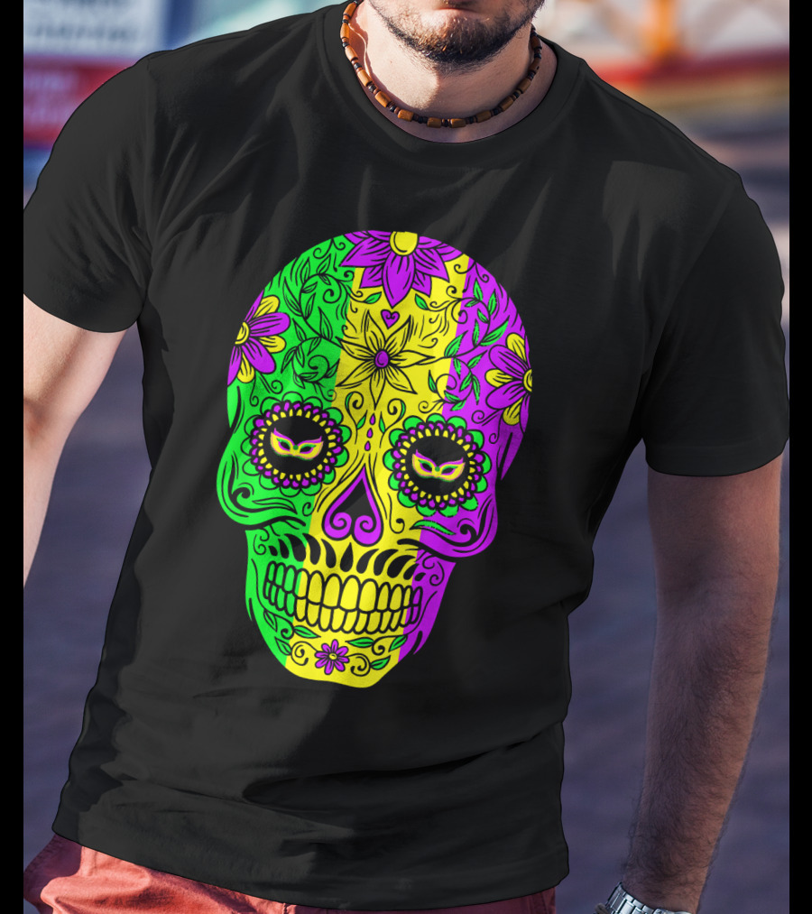 Mardi Gras Sugar Skull With Jester Hat Design And Colorful Floral T-Shirt
