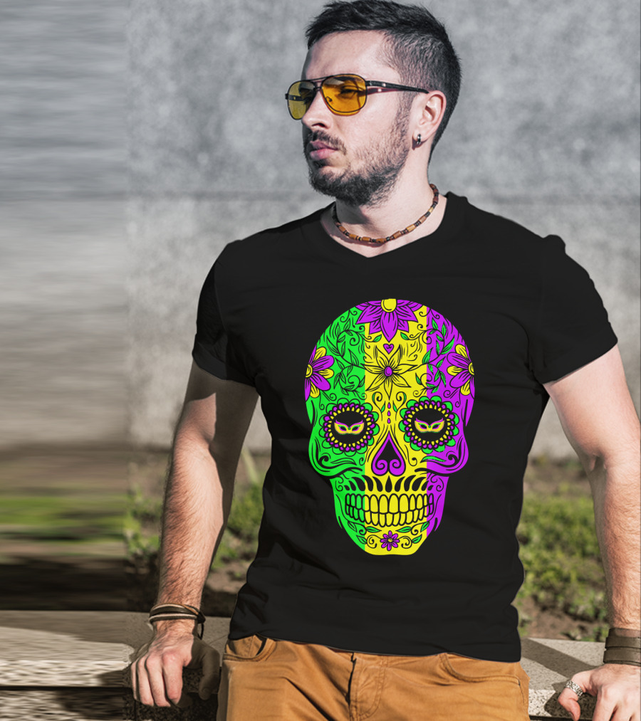 Mardi Gras Sugar Skull With Jester Hat Design And Colorful Floral T-Shirt