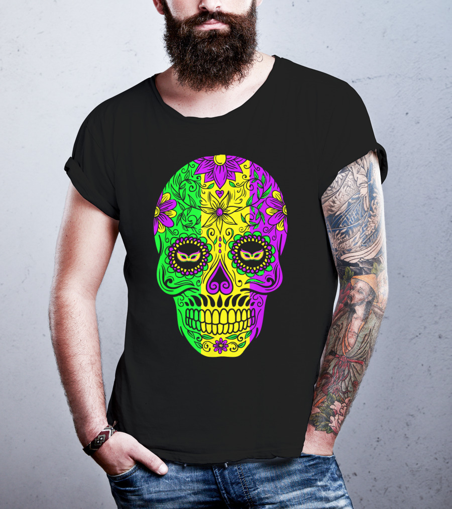 Mardi Gras Sugar Skull With Jester Hat Design And Colorful Floral T-Shirt