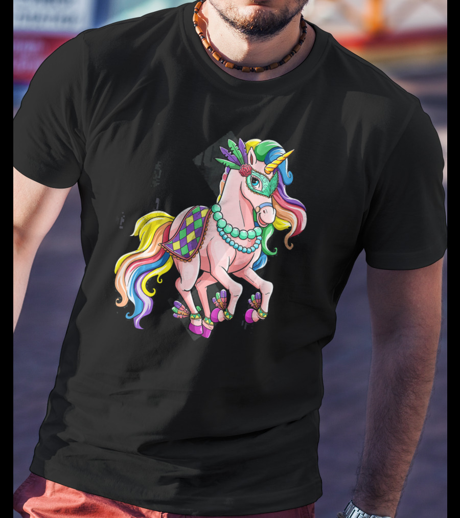 Mardi Gras Unicorn New Orleans Beads Mask Colorful Harlequin T-Shirt