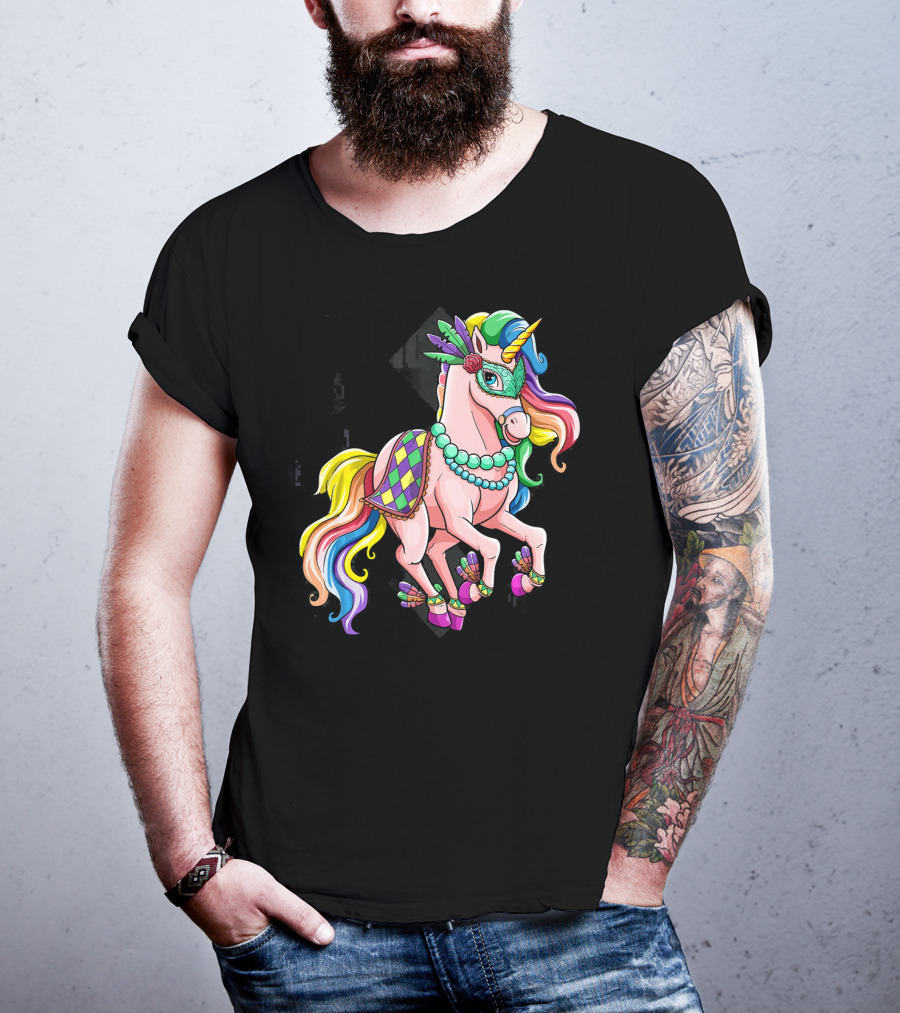 Mardi Gras Unicorn New Orleans Beads Mask Colorful Harlequin T-Shirt