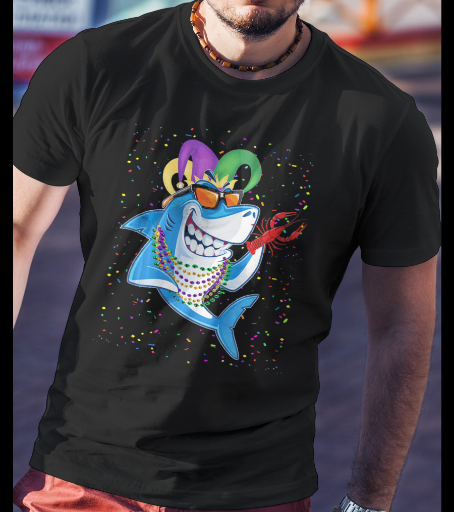 Funny Shark Mardi Gras Jester Beads Crawfish T-Shirt