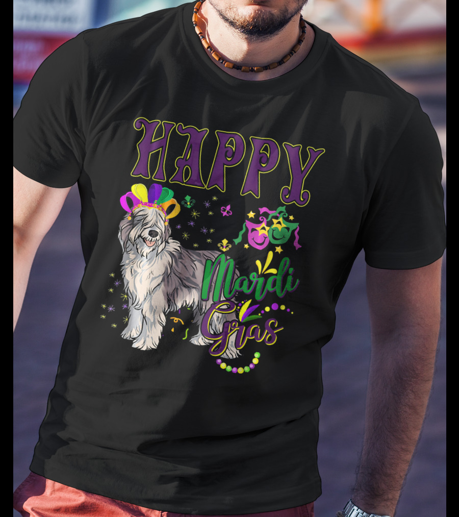 HAPPY Mardi Gras Olde English Sheepdog Mask Beads T-Shirt