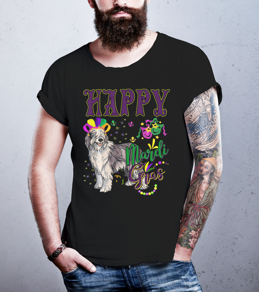 HAPPY Mardi Gras Olde English Sheepdog Mask Beads T-Shirt