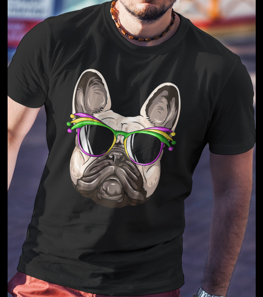 French Bulldog With Mardi Gras Jester Sunglasses T-Shirt