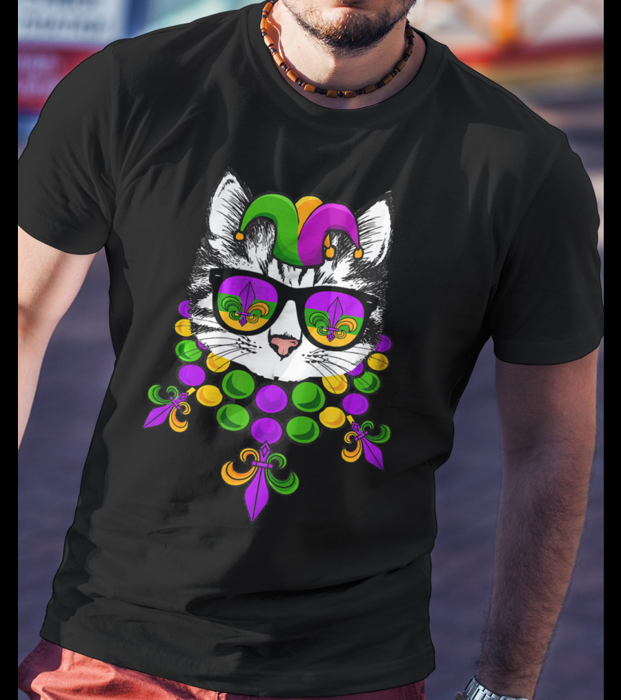 Mardi Gras Cat Meow Kitten New Orleans Jester Hat Fleur-de-Lis Beads T-Shirt
