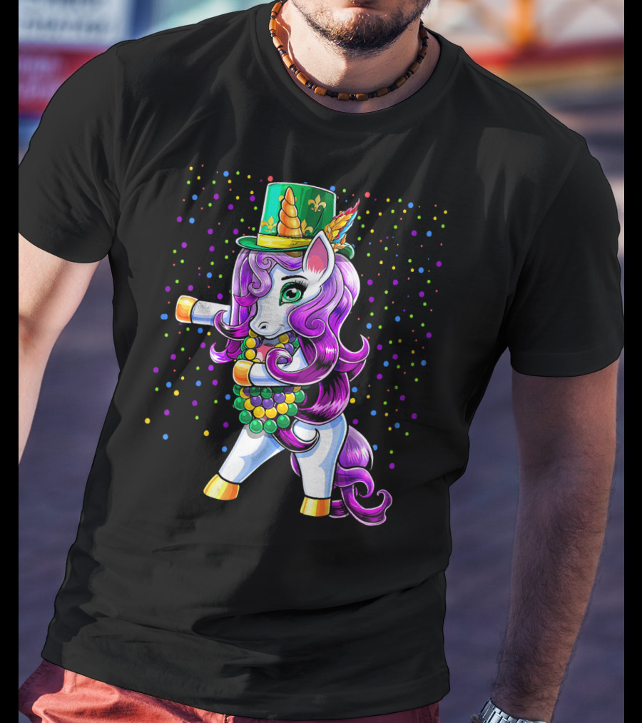 Mardi Gras Unicorn Flossing With Jester Hat And Beads T-Shirt