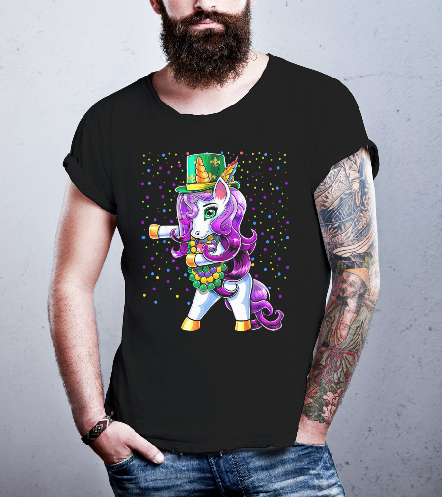 Mardi Gras Unicorn Flossing With Jester Hat And Beads T-Shirt