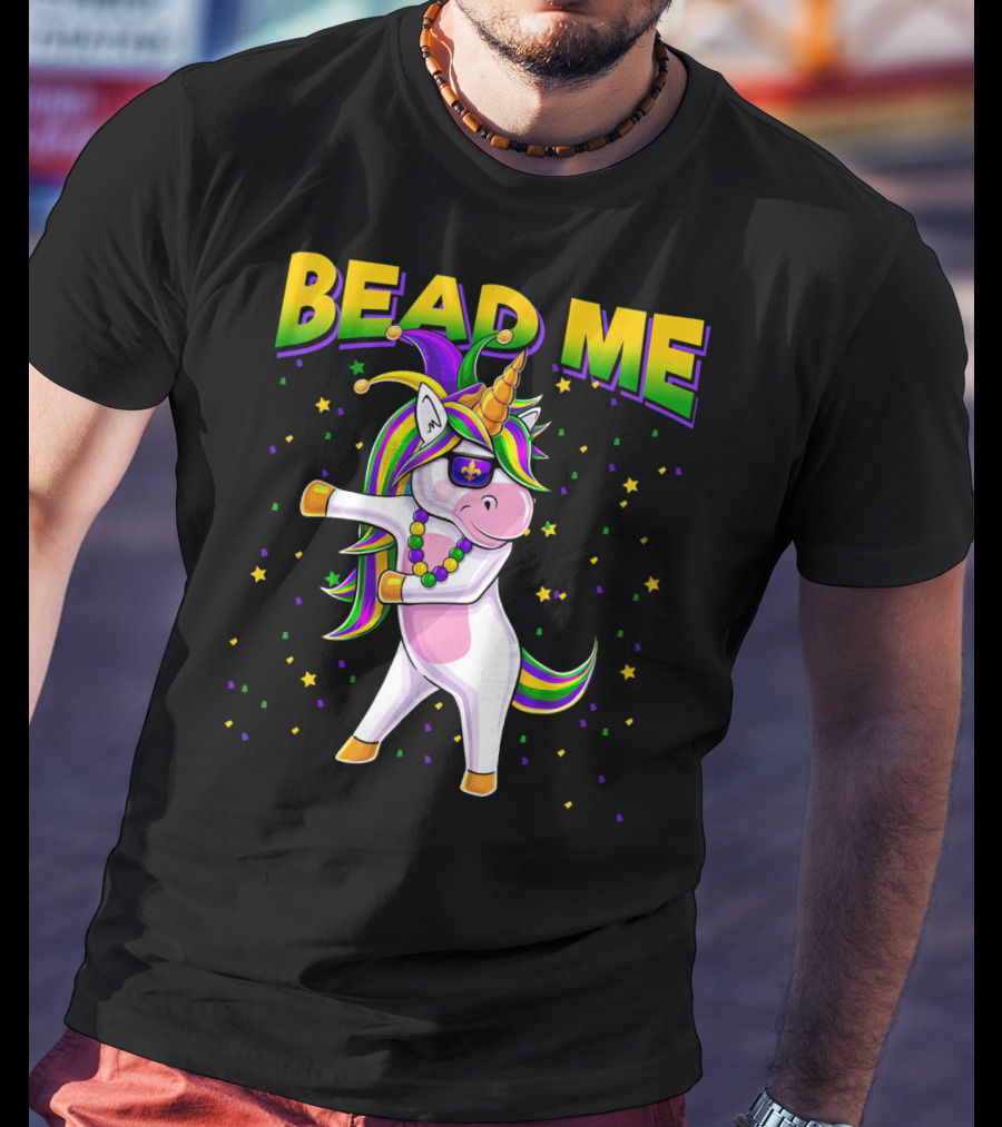 Bead Me Mardi Gras Flossing Unicorn Jest Fleur-de-lis Stars T-Shirt