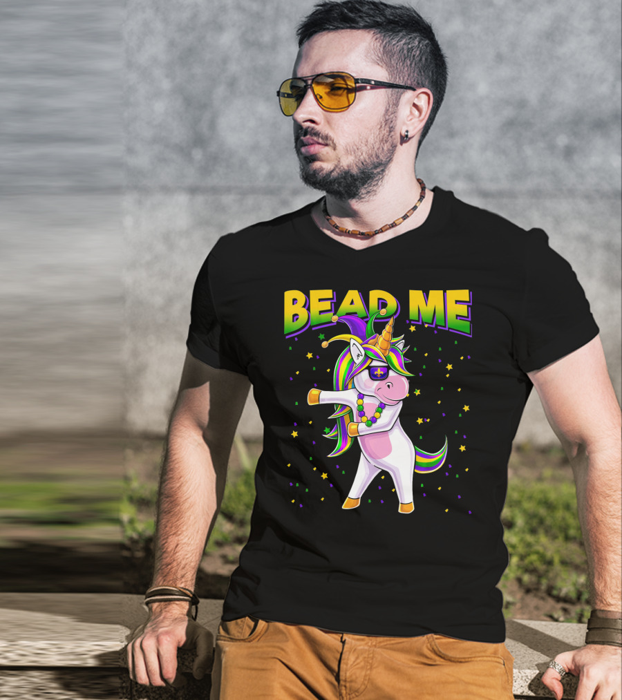 Bead Me Mardi Gras Flossing Unicorn Jest Fleur-de-lis Stars T-Shirt