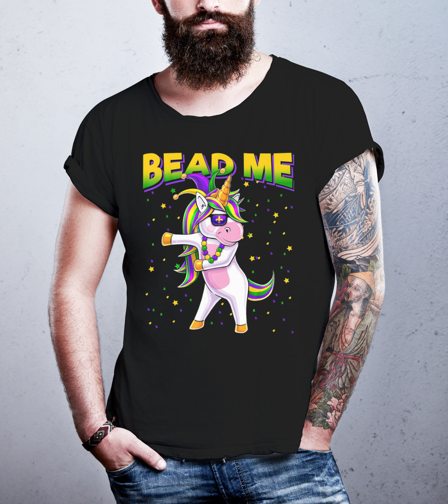 Bead Me Mardi Gras Flossing Unicorn Jest Fleur-de-lis Stars T-Shirt