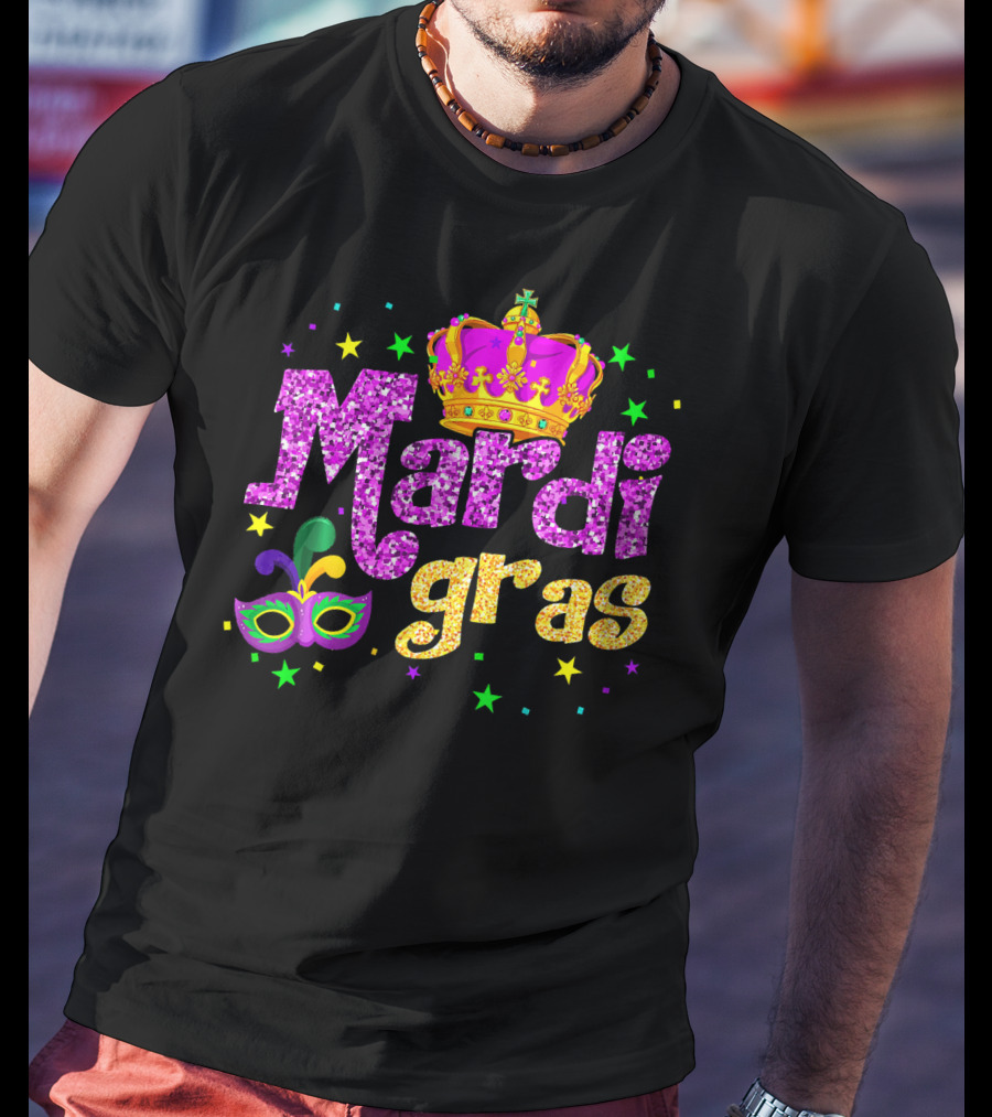Mardi Gras Crown Glitter Mask Stars T-Shirt