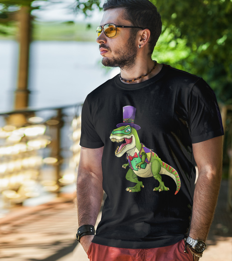 Mardi Gras Dinosaur Wearing Top Hat And Bow Tie T-Shirt