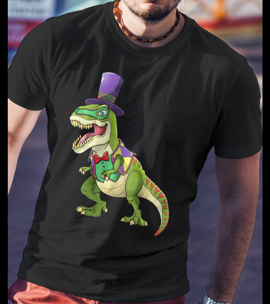 Mardi Gras Dinosaur Wearing Top Hat And Bow Tie T-Shirt