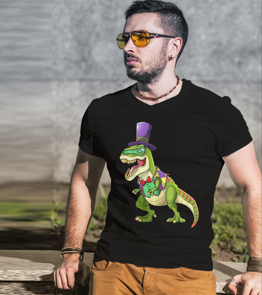 Mardi Gras Dinosaur Wearing Top Hat And Bow Tie T-Shirt