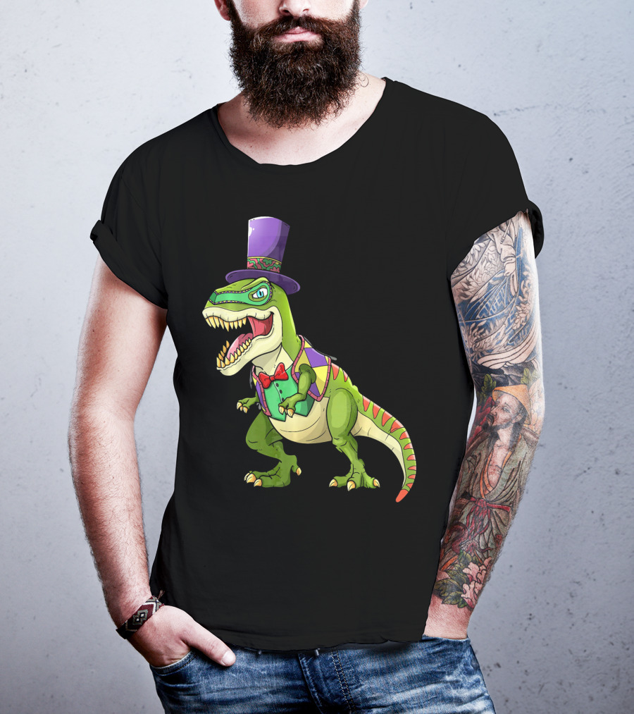 Mardi Gras Dinosaur Wearing Top Hat And Bow Tie T-Shirt