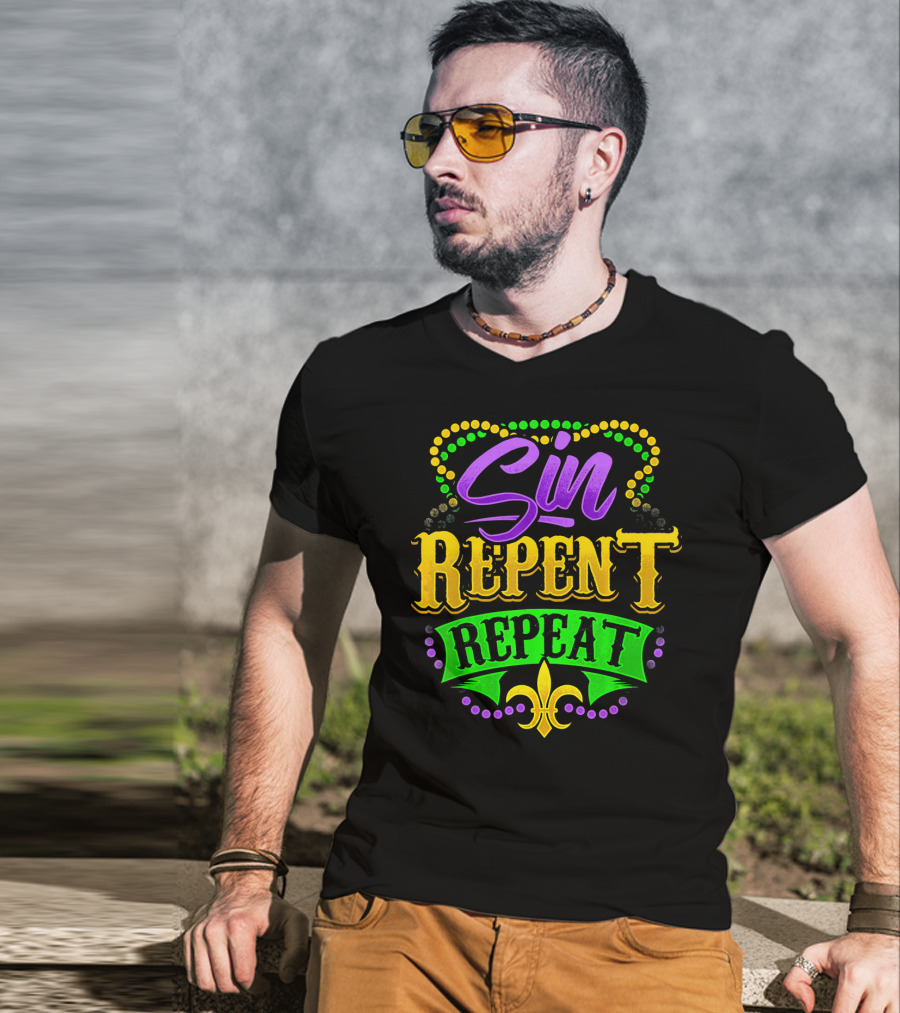 Mardi Gras Sin Repent Repeat Fleur De Lis Beads T-Shirt