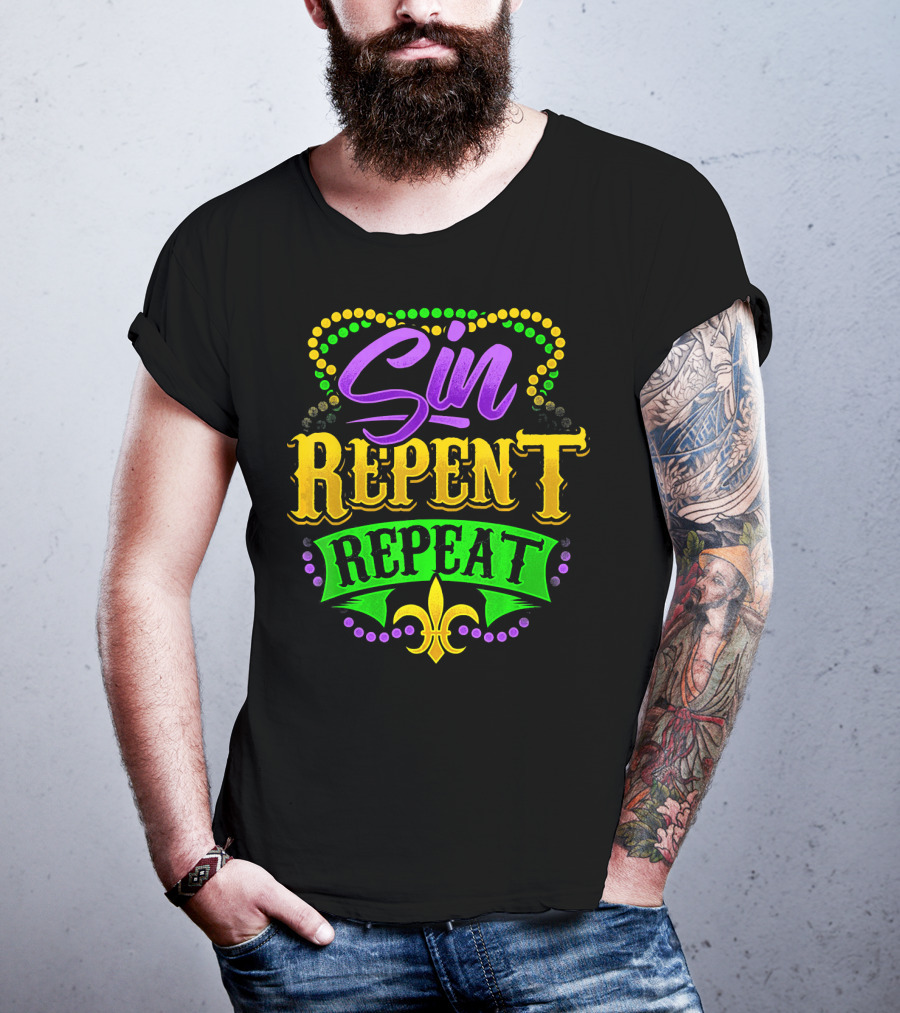 Mardi Gras Sin Repent Repeat Fleur De Lis Beads T-Shirt
