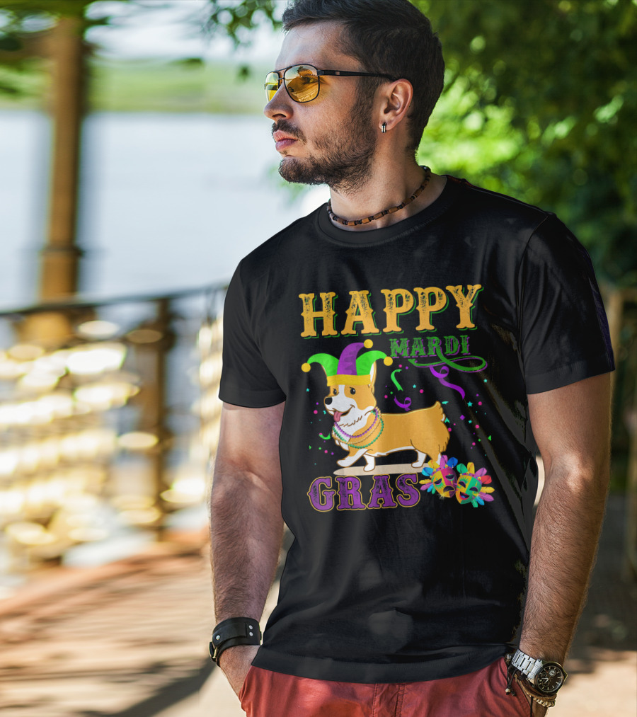Happy Mardi Gras Welsh Corgi Costume Party T-Shirt