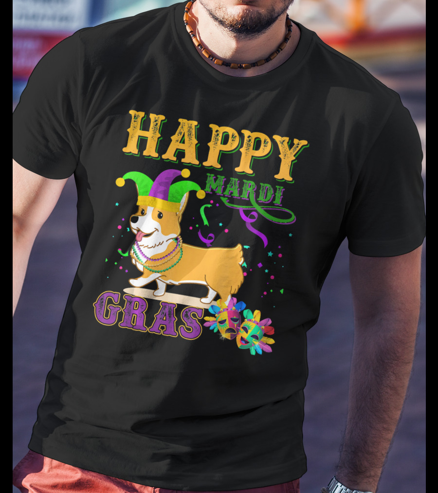 Happy Mardi Gras Welsh Corgi Costume Party T-Shirt