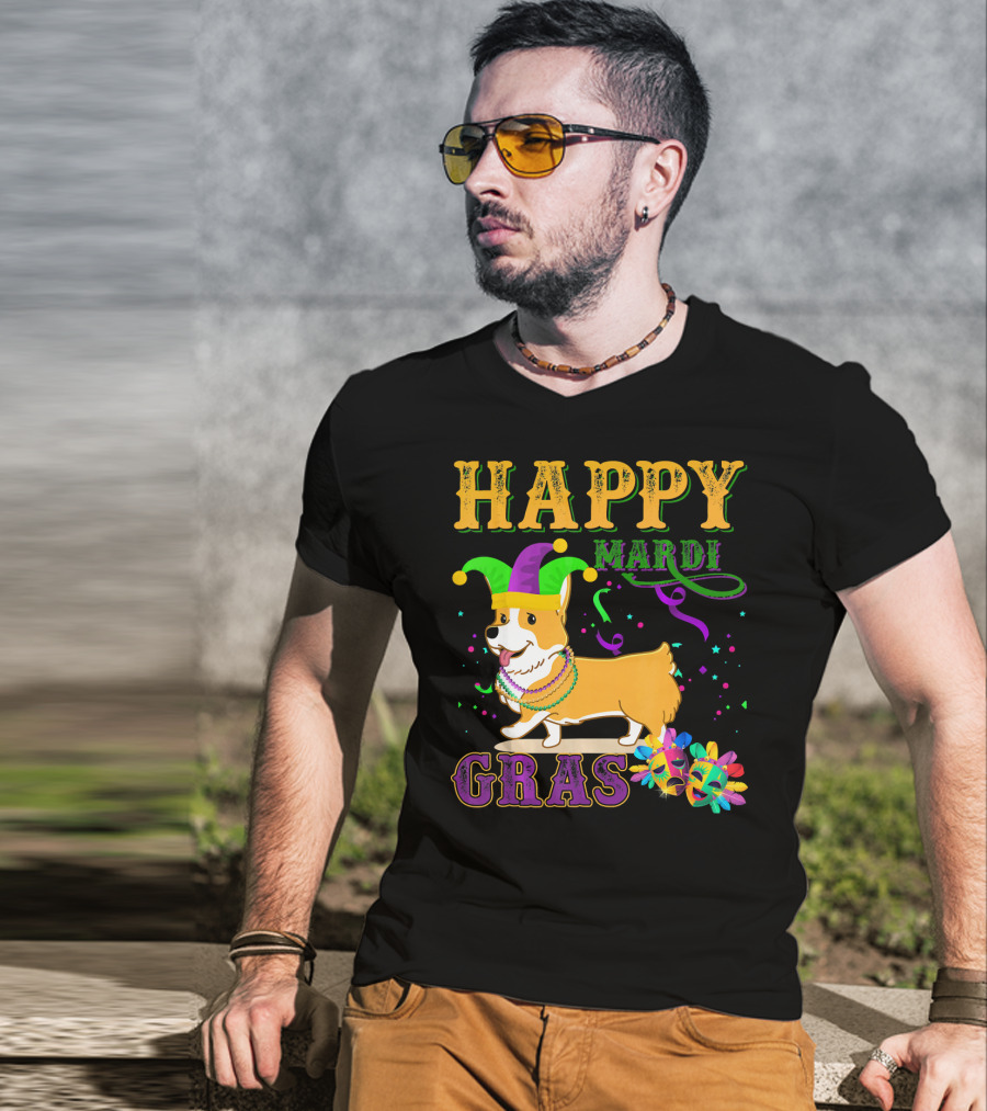 Happy Mardi Gras Welsh Corgi Costume Party T-Shirt
