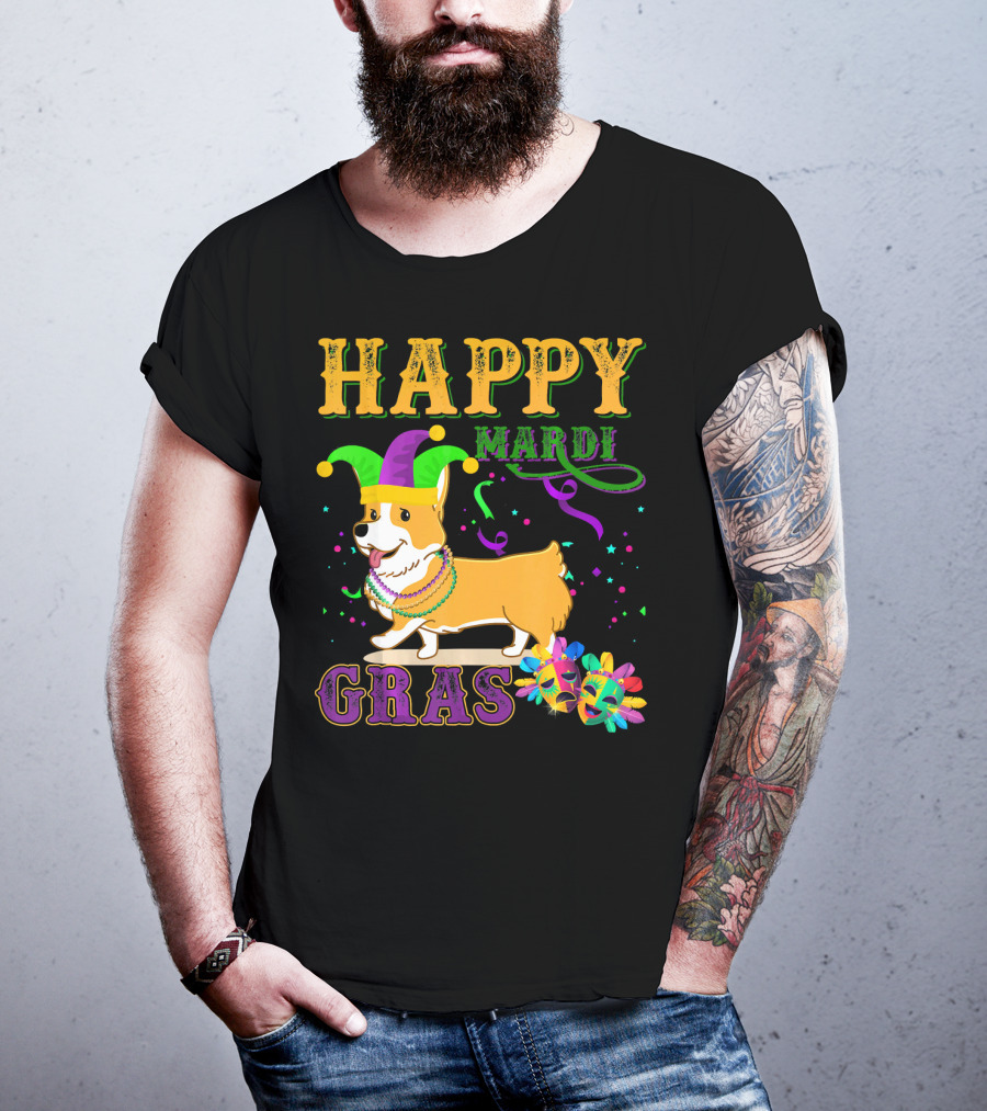 Happy Mardi Gras Welsh Corgi Costume Party T-Shirt