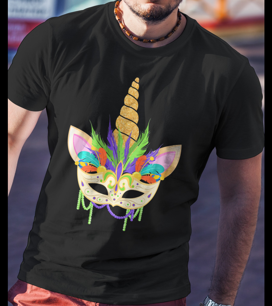 Unicorn Mask With Feathers And Beads Mardi Gras T-Shirt