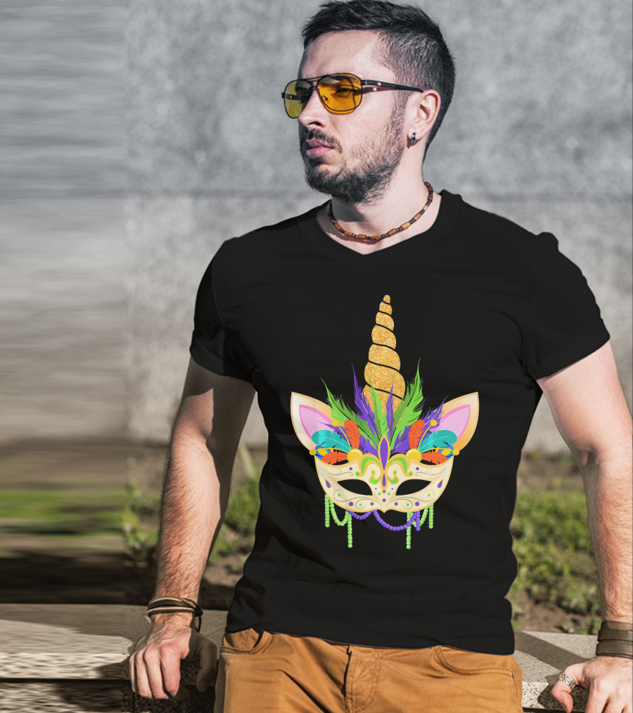 Unicorn Mask With Feathers And Beads Mardi Gras T-Shirt