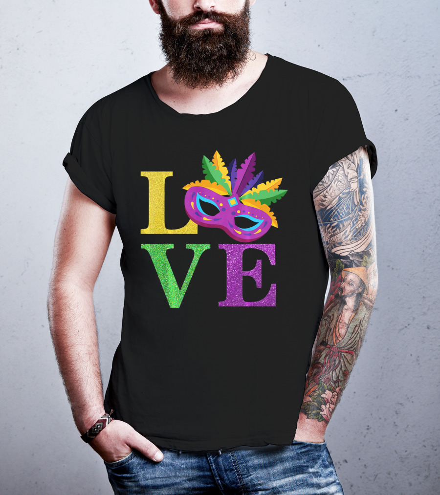 LOVE Mardi Gras Mask Feather Parade Party T-Shirt