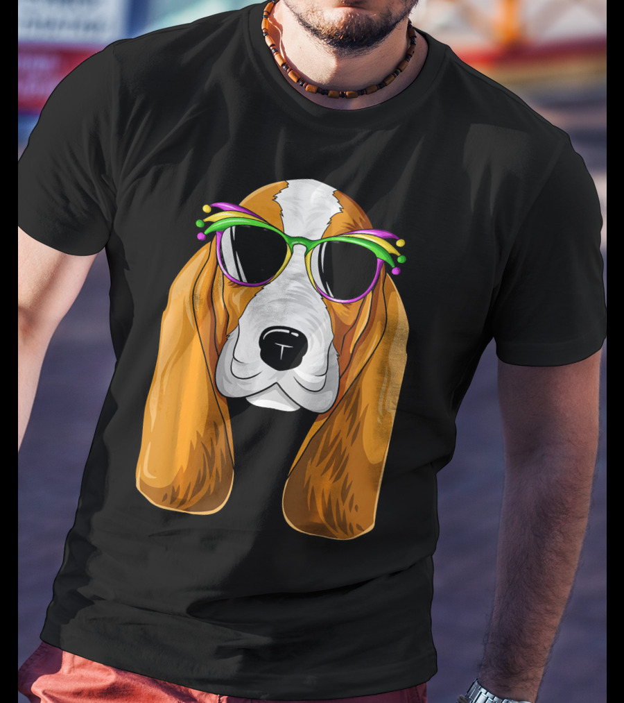 Basset Hound With Mardi Gras Carnival Mask And Sunglasses T-Shirt