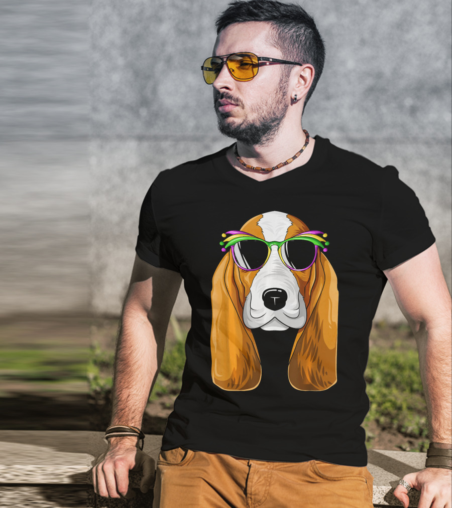 Basset Hound With Mardi Gras Carnival Mask And Sunglasses T-Shirt