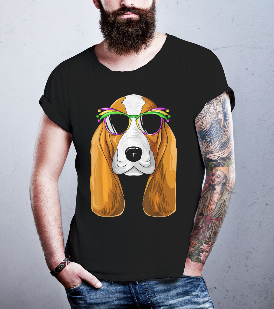 Basset Hound With Mardi Gras Carnival Mask And Sunglasses T-Shirt